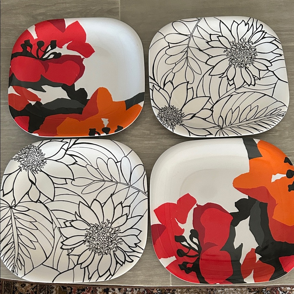 Floral Square Dinner Plate Set - Red, Orange, Black, White